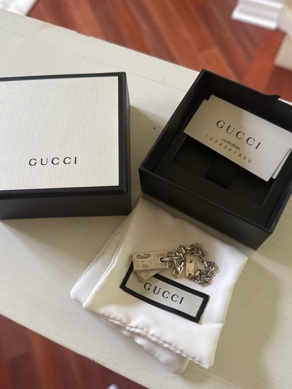 Gucci Silver Tone Branded Keychain with Charm